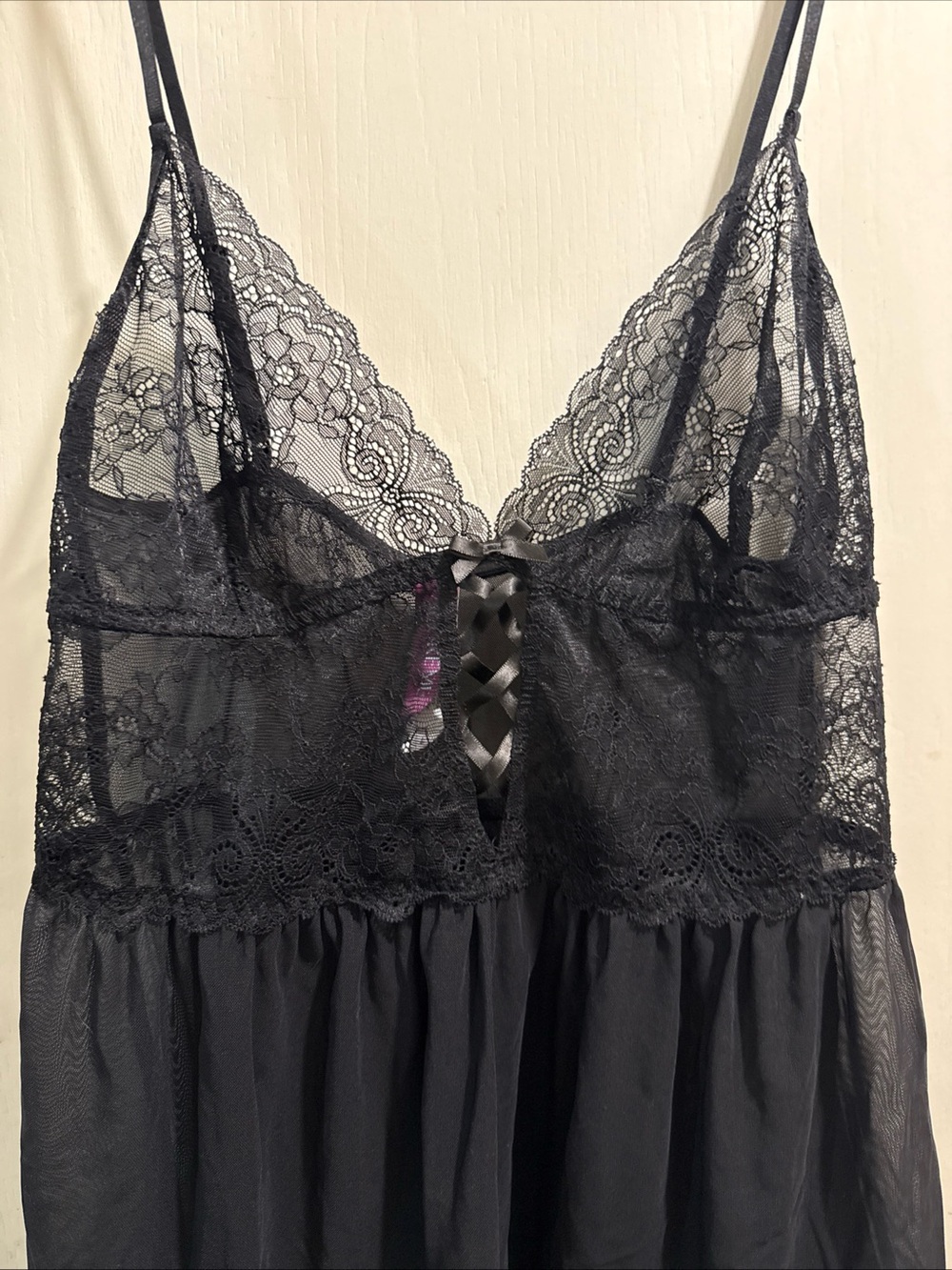 Adore Me Black Lace Sheer Chemise with Ribbon Detail